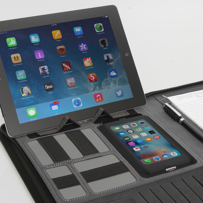 A black A4 executive tech zipper featuring an iPad and a smartphone holder, with card slots and a pen included.