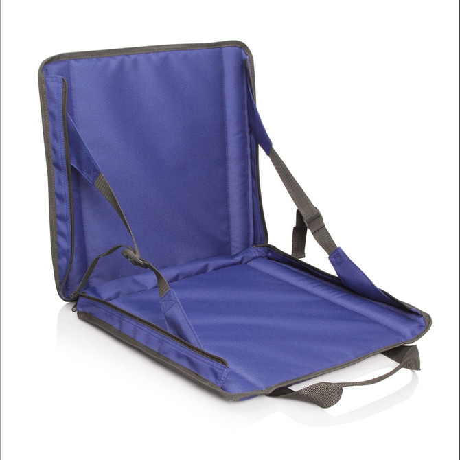 A purple stadium seat carry bag featuring adjustable straps and a handle, with a simple, unadorned design.