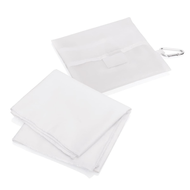A white towel and pouch with a carabiner clip, measuring 30 x 60cm. The towel is neatly folded.