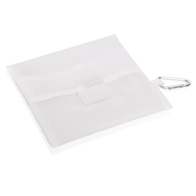 A white towel measuring 30 x 60cm, folded and secured with a carabiner clip. It features a logo.