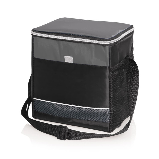A cooler bag in black and grey, featuring a zippered top and a removable shoulder strap for easy carrying.