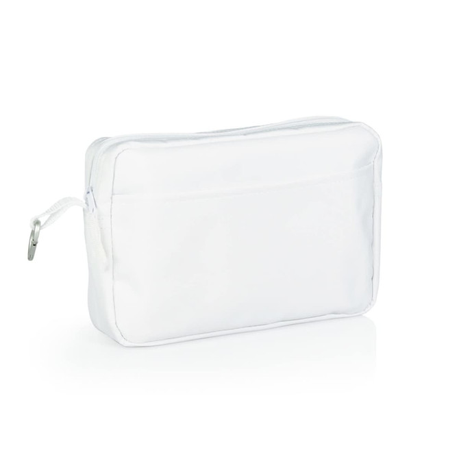 A white toiletries bag featuring a zip closure and a front pocket. It has a logo on one side.