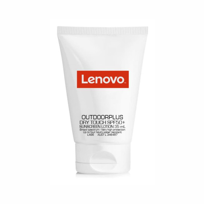 A white tube containing sunscreen lotion, labelled OutdoorPlus, with SPF 50+, 35ml, and featuring a logo.