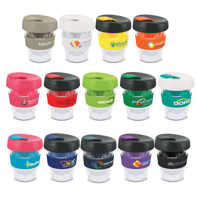 A collection of Express Cup Leviosa drink bottles in various colours, each with a black lid and a logo.