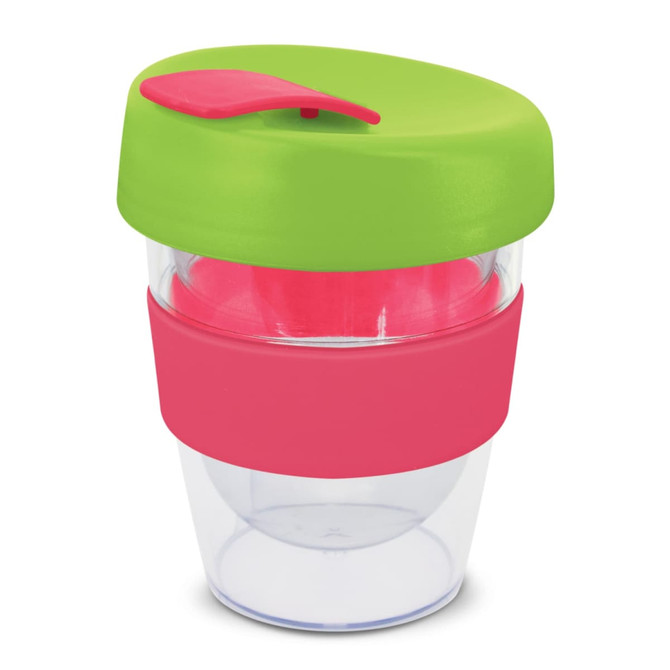 A drink bottle with a transparent body, pink silicone band, and a green lid. It features a logo on the side.