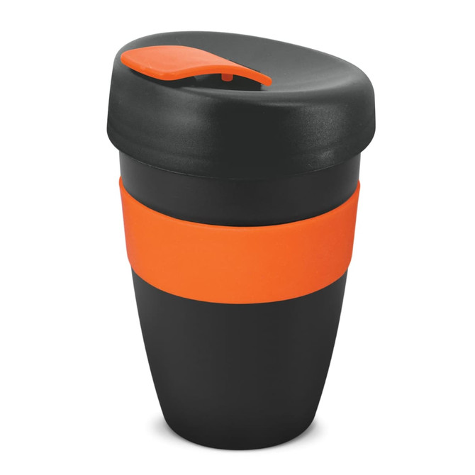 A drink bottle featuring a black double wall body and an orange silicone band, topped with a black lid.