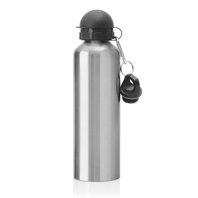 A drink bottle in stainless steel, 750ml capacity, featuring a black cap and a detachable keyring.