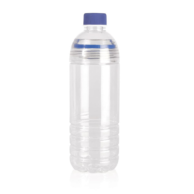 A drink bottle made of clear Tritan plastic, featuring a blue screw-on lid and a simple design.