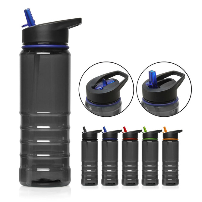 A drink bottle in transparent grey Tritan, featuring a black lid and various coloured straws. Includes a logo.