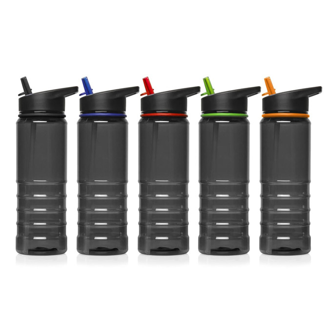 A drink bottle collection featuring five 750ml Tritan bottles in dark grey with coloured lids: blue, red, green, orange, and black.