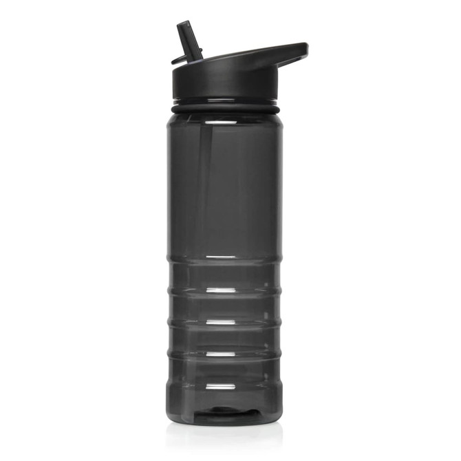 A drink bottle in dark grey Tritan with a black flip-top lid and a contoured body design. Features a logo on the surface.