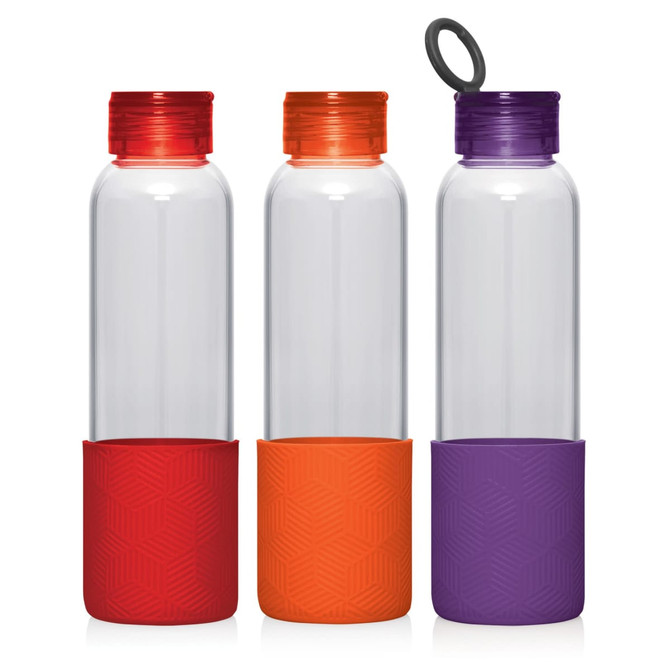 A drink bottle set featuring three 600ml bottles in red, orange, and purple with textured silicone bases and caps.