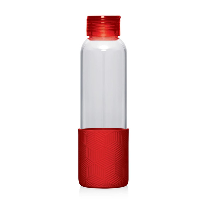 A drink bottle with a transparent body, red cap, and red textured base. Features a logo.