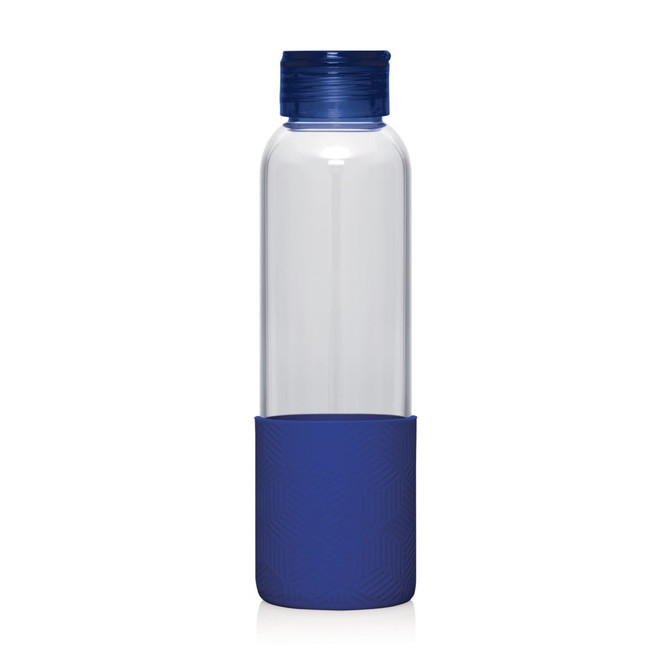 A drink bottle featuring a clear body and a navy blue silicone base, with a blue screw cap and a logo.