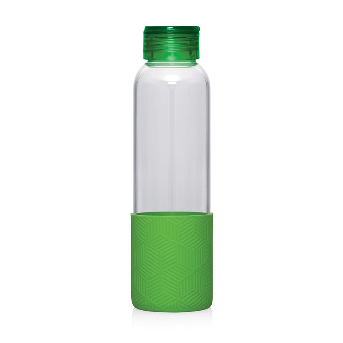 A drink bottle with a clear body and a green silicone base, featuring a green screw-on lid.