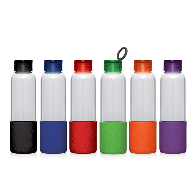 A drink bottle collection featuring six transparent 600ml bottles with coloured bases in black, blue, red, green, orange, and purple.