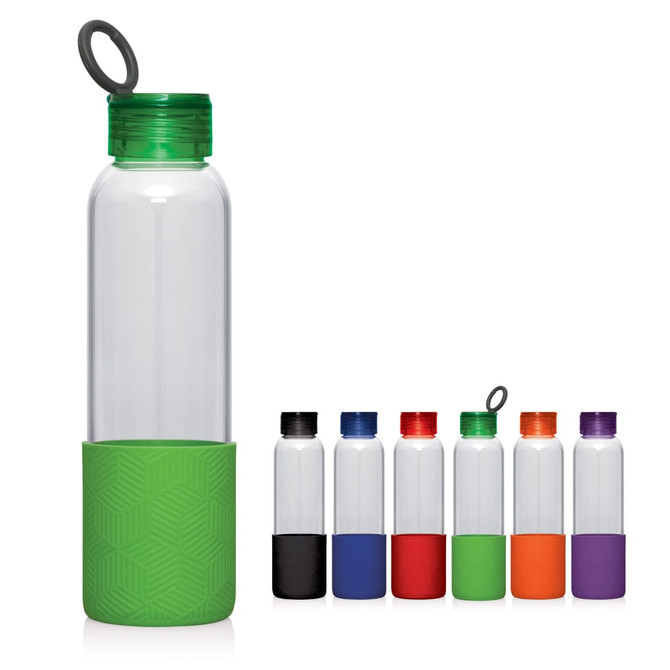 A drink bottle with a clear body, green lid and grip, alongside seven other bottles in various colours.