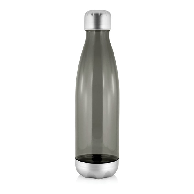 A drink bottle in smoke grey with a silver lid and base, featuring a simple design and logo.