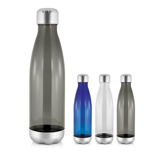 A drink bottle collection featuring grey, blue, and clear Tritan bottles with metallic silver caps.