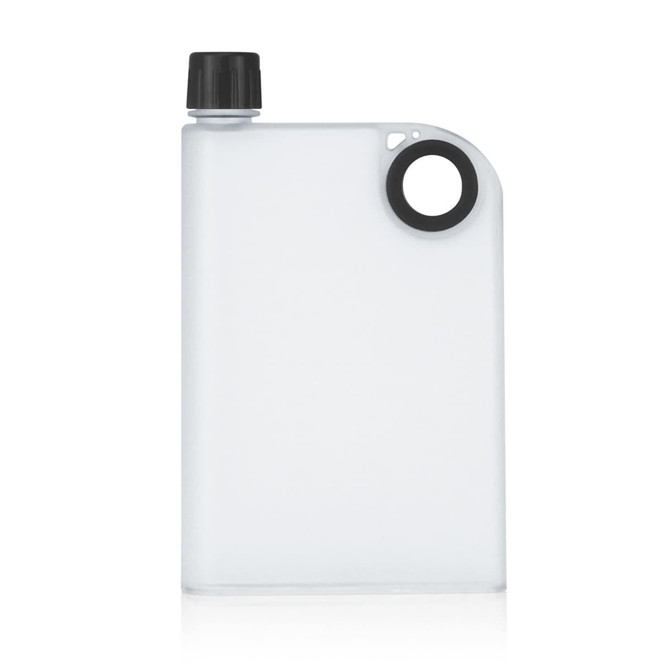 A drink bottle in frosted clear Tritan plastic with a black cap and a circular opening. It features a logo.