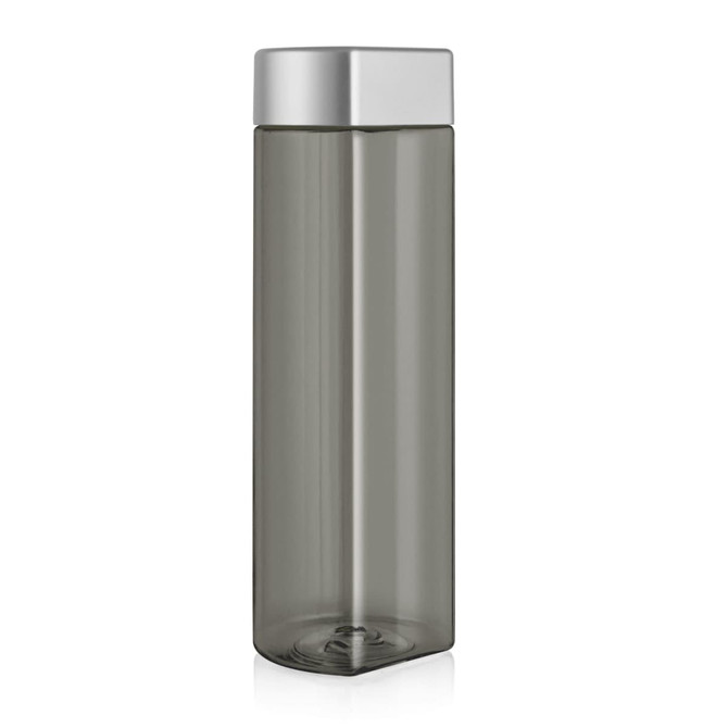 A drink bottle in a sleek grey Tritan material with a silver lid, featuring a logo on its surface.