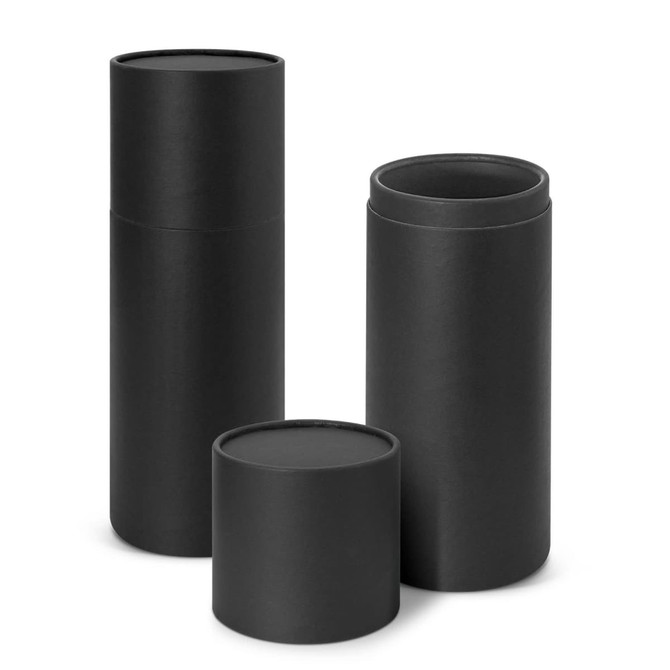 A drink bottle gift tube set in black, featuring three varying sizes and a smooth finish.