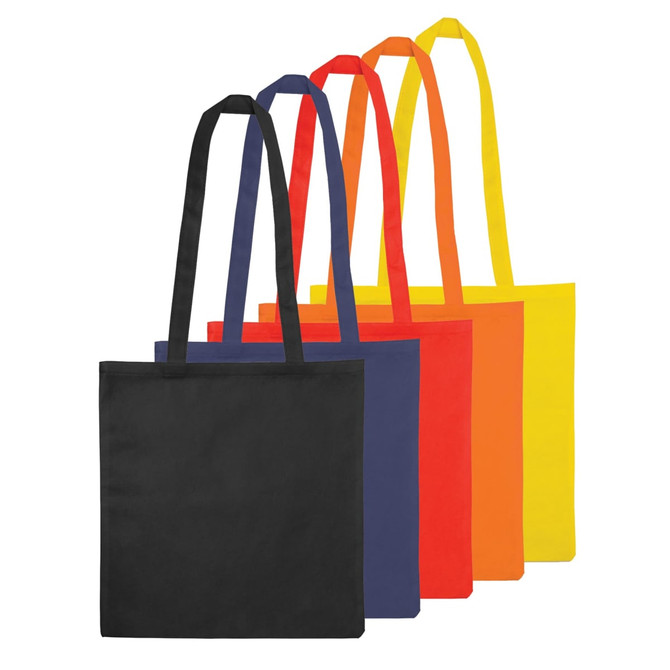 A set of non-woven bags in black, navy, orange, red, and yellow, featuring long handles and no gusset.