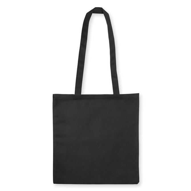 A plain black non-woven tote bag without gussets, featuring long handles and a simple design.