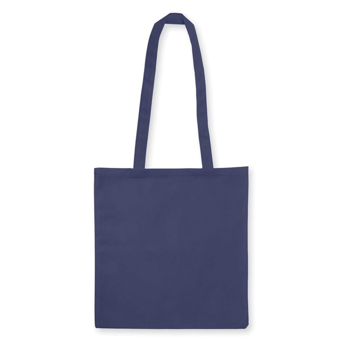 A navy blue non-woven tote bag without a gusset, featuring two shoulder straps and a blank surface.
