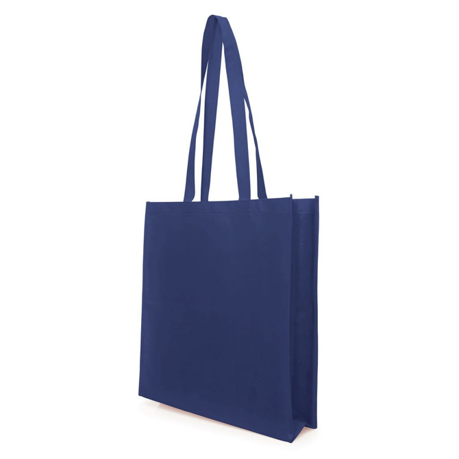A navy blue non-woven tote bag with a gusset and long handles, featuring a logo.