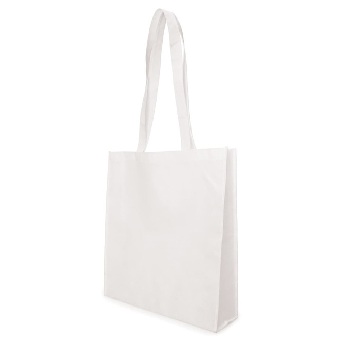 A white non-woven tote bag with a gusset and long handles, featuring a logo.