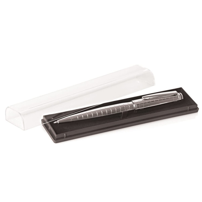 A pen case with a clear coloured insert containing a sleek silver pen on a black base.