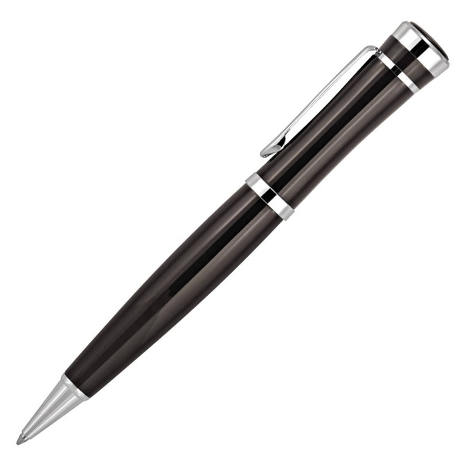 A sleek black metal ballpoint pen with silver accents and a clip, featuring a polished surface and modern design.
