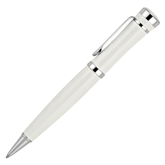 A white metal ballpoint pen with silver accents and a clip, featuring a glossy finish.