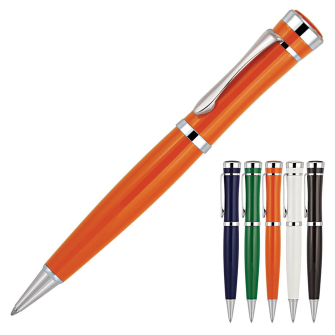 A ballpoint pen in vibrant orange, featuring a polished silver clip and a selection of additional colours displayed beside it.