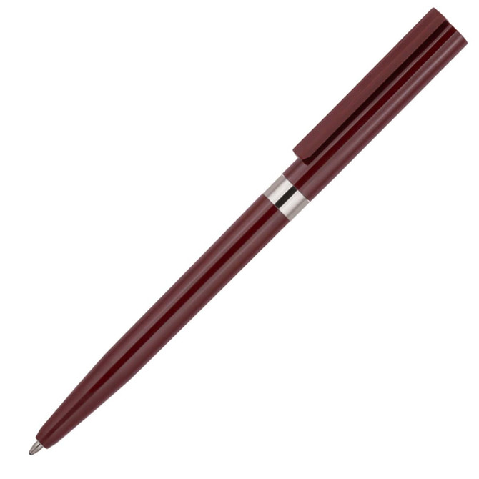 A slim twist ballpoint pen in a dark red colour with a silver clip and detailing, featuring a logo.