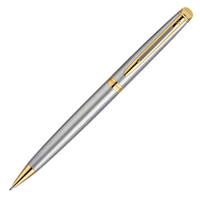 A mechanical pencil in brushed stainless steel with gold accents. Features a sleek design and a branding logo.