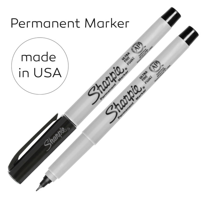 A set of black ultra fine permanent markers with a clip, featuring a branding logo. Made in the USA.