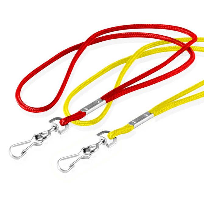 Two lanyard cords, one red and one yellow, each with a metal clip at the end. Both have a braided design.