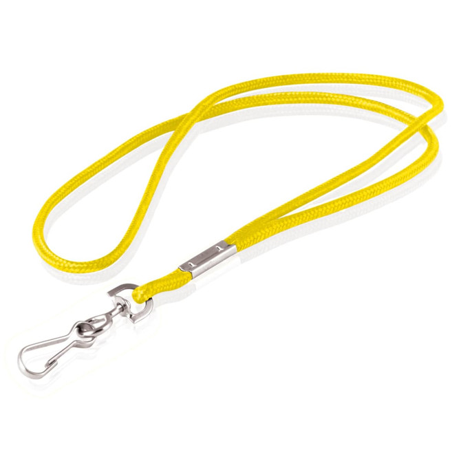 A yellow and white lanyard cord, 4mm thick, featuring a metal clip for attachment.