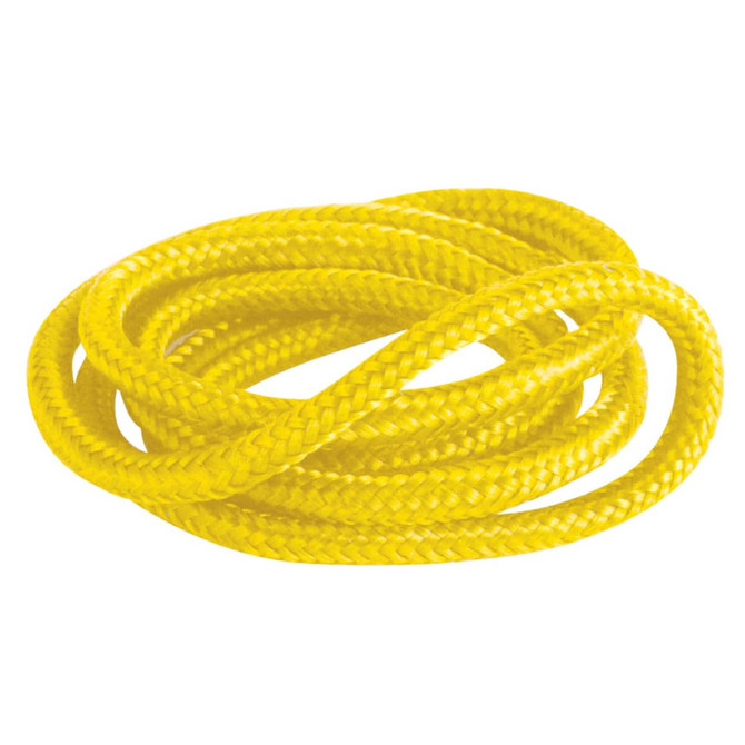 A coiled yellow lanyard cord, measuring 4mm in thickness, with a braided texture and a logo visible on the product.