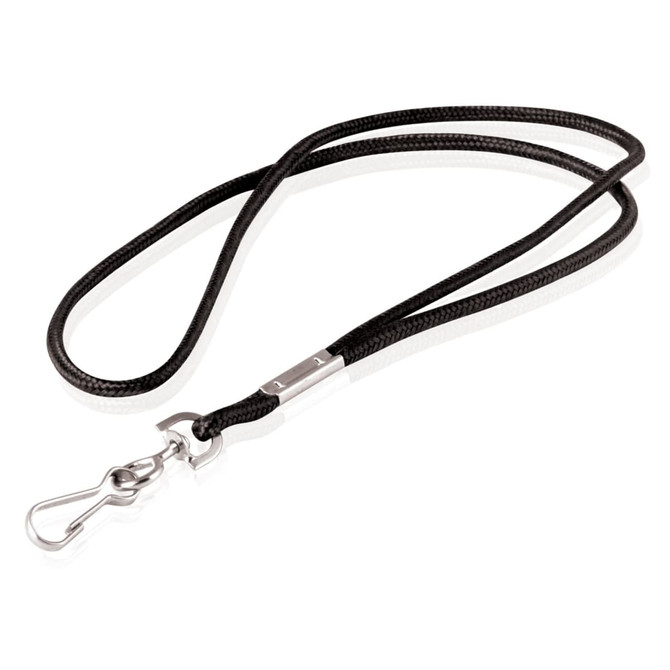 A black lanyard cord, 4mm thick, featuring a silver clip for attachment. Also includes a branding logo.