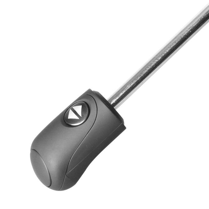 A grey handle of a folding umbrella with a metallic shaft, featuring a logo on the handle.