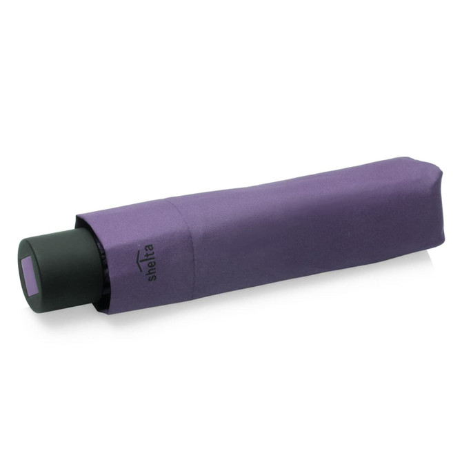 A folding umbrella in a purple sleeve with a black handle, featuring a small logo.