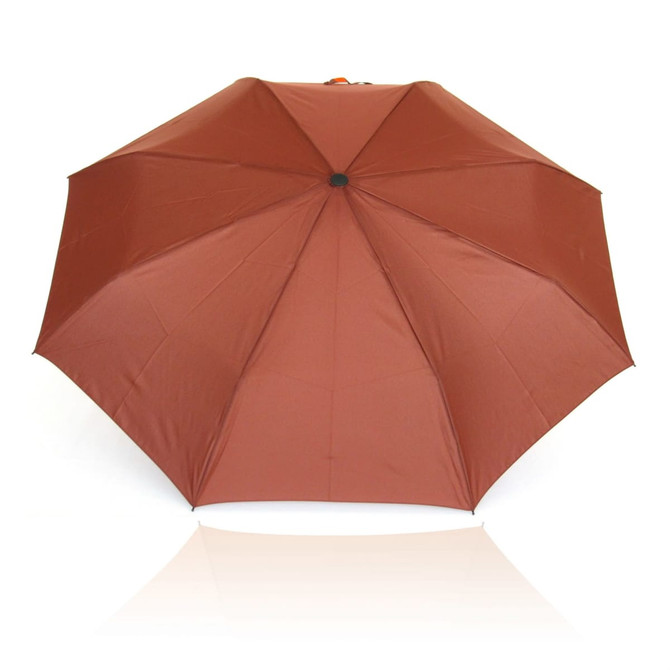 A brown 55cm folding umbrella with a solid, smooth canopy and a central button for opening. It features a logo.