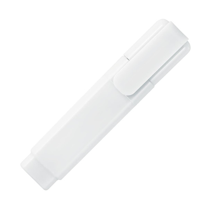 A white highlighter with a clip, featuring a smooth, streamlined design and rounded tip.