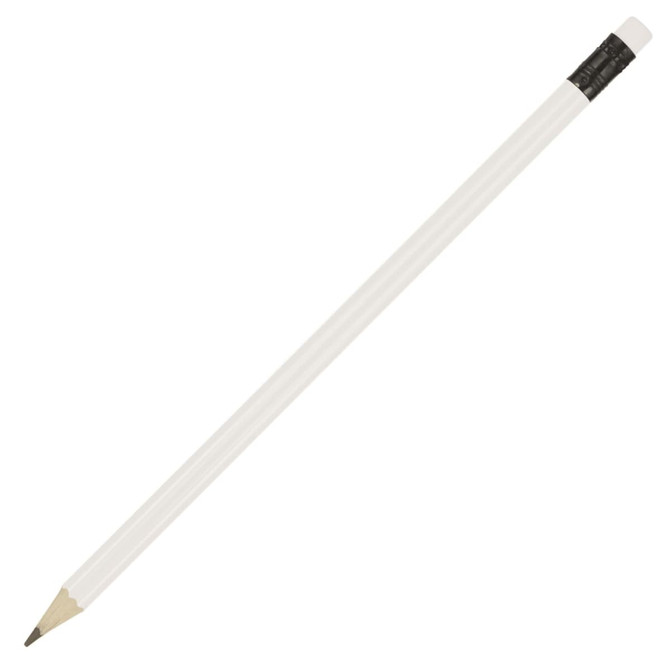 A white pencil with a black eraser on one end, featuring a sharpened tip and a sleek design.