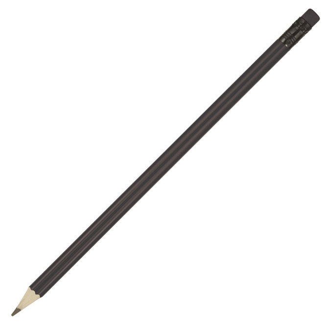 A sharpened black pencil with a rubber eraser on the end, featuring a simple design and branding.