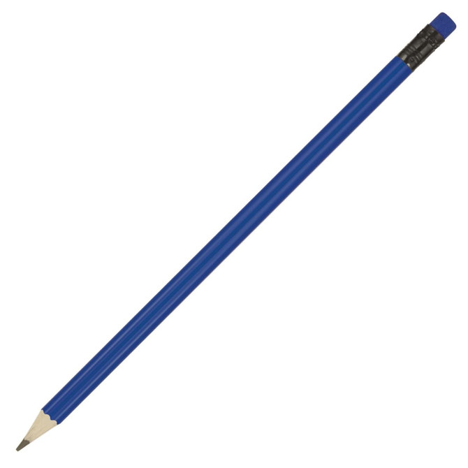 A blue pencil with a sharpened tip and a coloured eraser on the end, featuring a black band.