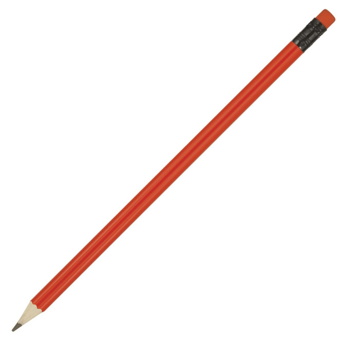 A red pencil with a sharpened tip and a black eraser at the end, featuring a logo on the eraser.